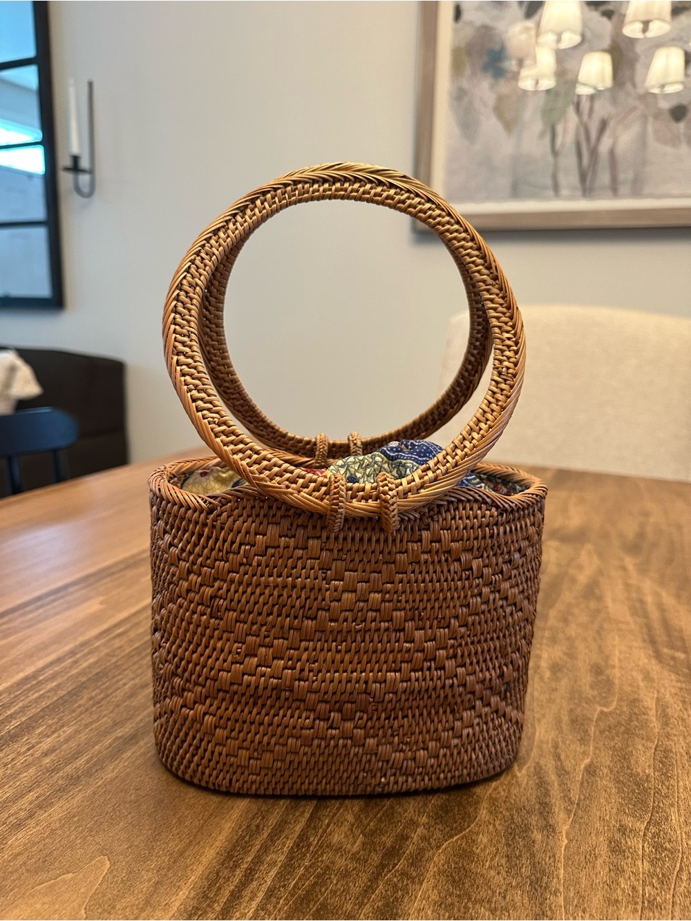 Woven Round-Handle Brown Rattan Bag
